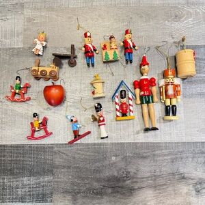 Vintage Wooden Christmas Ornaments Lot of 16 – Angel, Nutcracker, Train, Skier